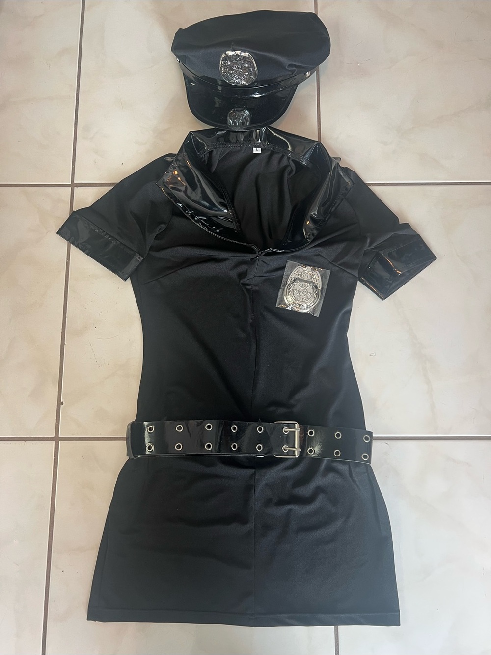 Women's Black Mini Police Costume Dress with Hat and Badge
